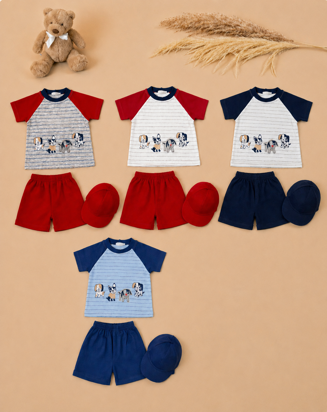 Modelo Víctor Conjunto Bebé Perritos 100% Algodón Polo Short Gorra 3 Piezas