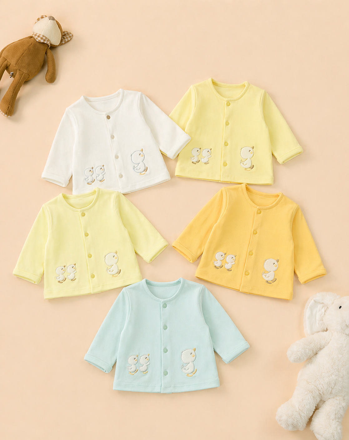 Modelo Patitos Star Ajuar Bebé 100% Algodón Patitos 5 Piezas Manopla Integrada