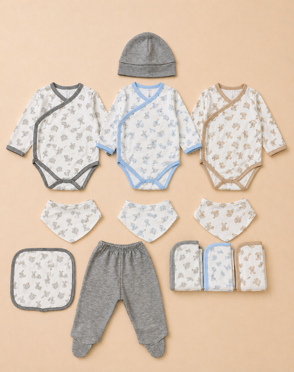 Modelo Noah Ajuar Bebé 100% Algodón Body Cruzado Conejitos Recién Nacido Completo